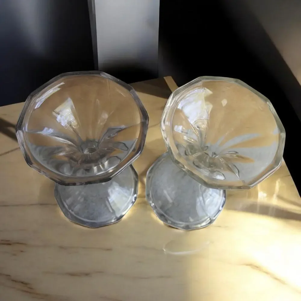 Pair Clear Glass Trumpet Candle Holders Silver Band Flared Pillar Votive